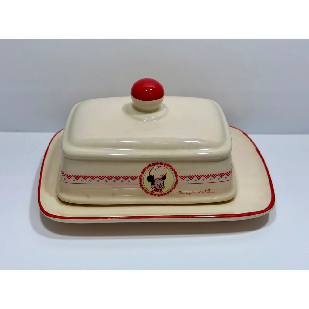 Vintage Disneyland Paris Chef Mickey Mouse Ceramic Butter Dish with Lid - Rare